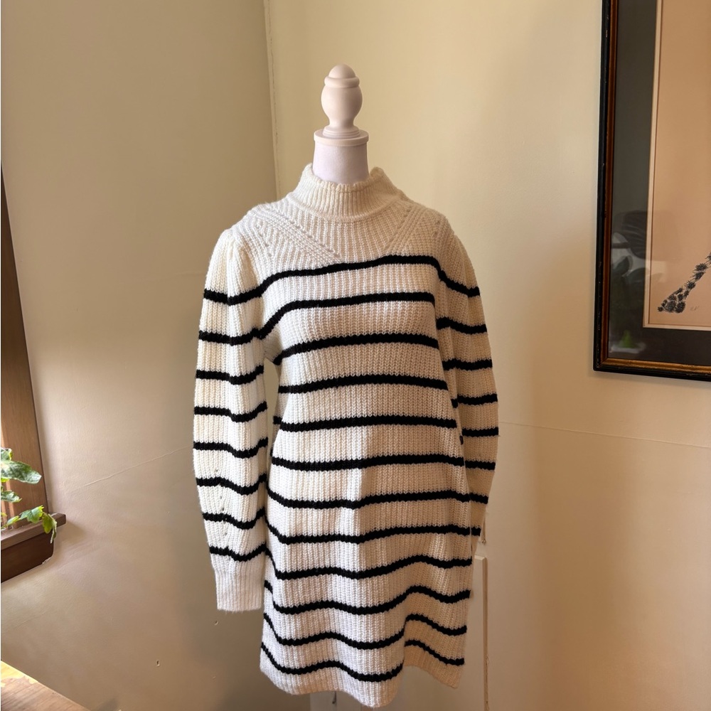 La Classe Couture Black and White Striped Cowl Neck Sweater Dress